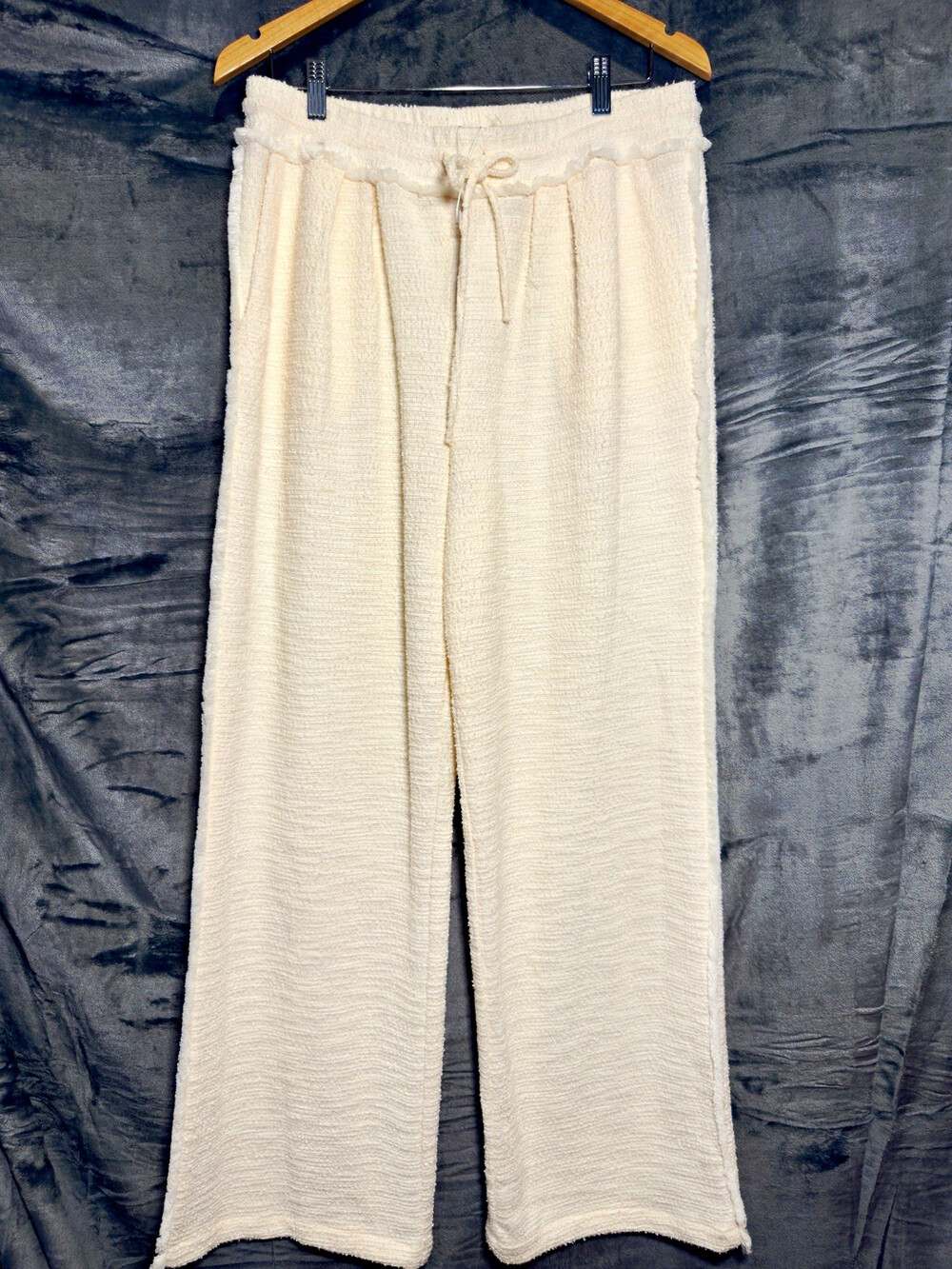 Habitual Ivory Terry Wide-Leg Work / Minimalist Drawstring Elastic Fringed Pants